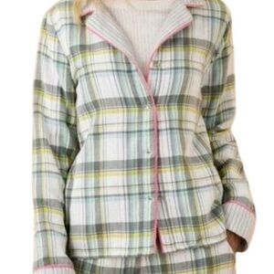 Sundance Powder Plaid Pajama Top Cotton Long Slv Green White Button Down Sz S, M